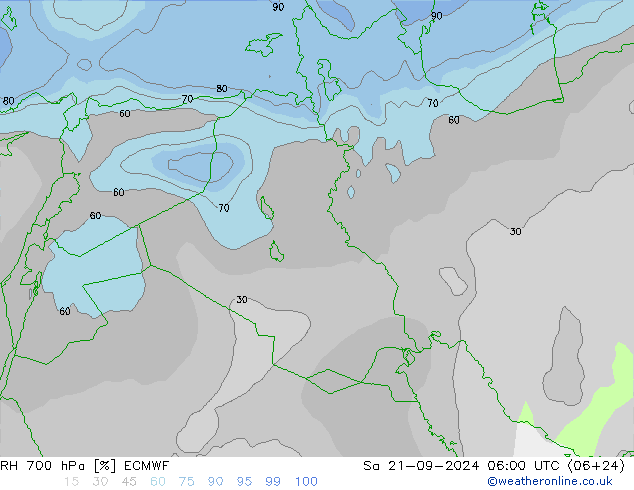 RH 700 гПа ECMWF сб 21.09.2024 06 UTC