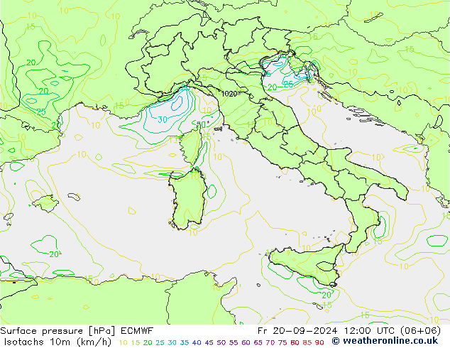 Eşrüzgar Hızları (km/sa) ECMWF Cu 20.09.2024 12 UTC