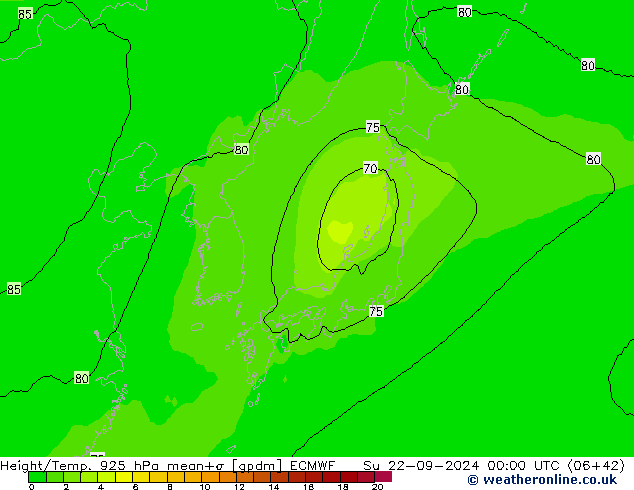 Height/Temp. 925 hPa ECMWF Ne 22.09.2024 00 UTC