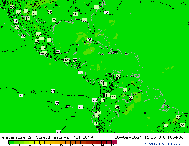 Temperatuurkaart Spread ECMWF vr 20.09.2024 12 UTC