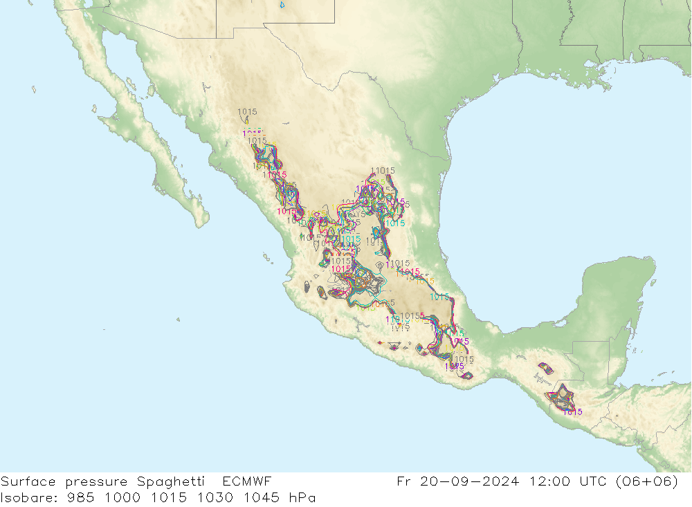 Presión superficial Spaghetti ECMWF vie 20.09.2024 12 UTC