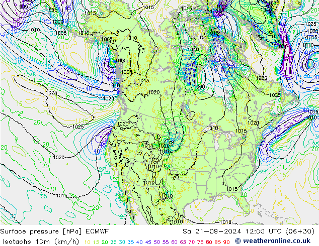 Isotachen (km/h) ECMWF Sa 21.09.2024 12 UTC