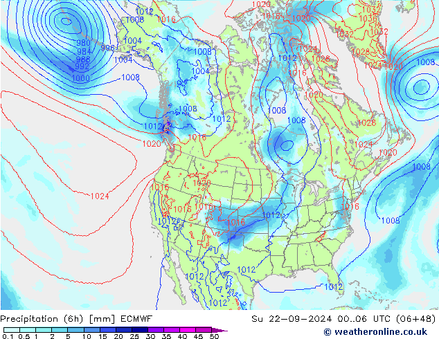 Precipitation (6h) ECMWF Su 22.09.2024 06 UTC