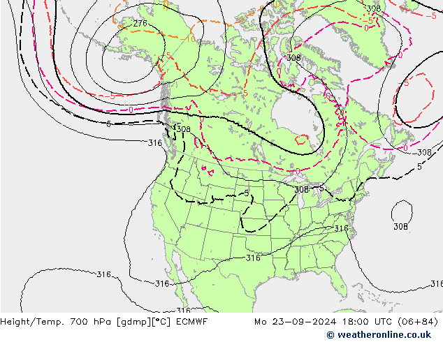 Height/Temp. 700 hPa ECMWF Po 23.09.2024 18 UTC