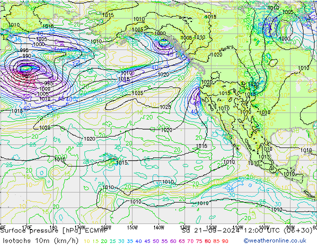 Isotachs (kph) ECMWF сб 21.09.2024 12 UTC