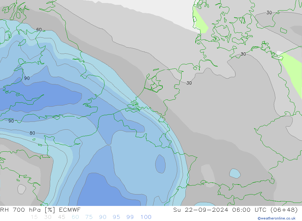 RH 700 hPa ECMWF 星期日 22.09.2024 06 UTC