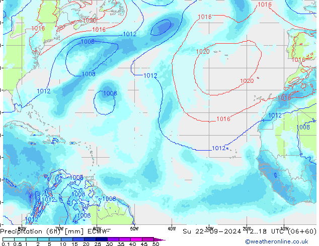 Totale neerslag (6h) ECMWF zo 22.09.2024 18 UTC