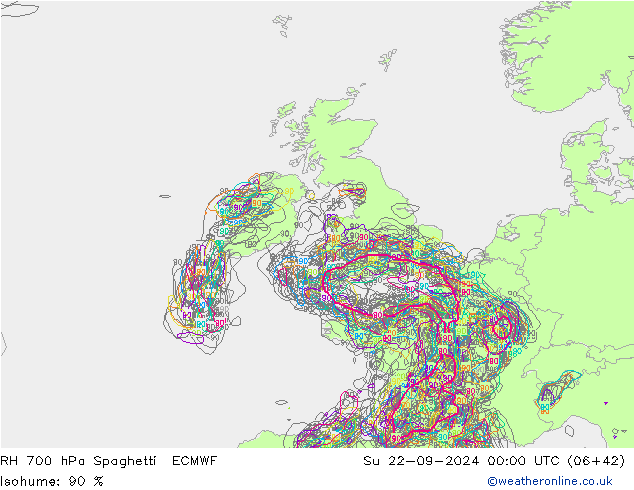 RH 700 hPa Spaghetti ECMWF dom 22.09.2024 00 UTC