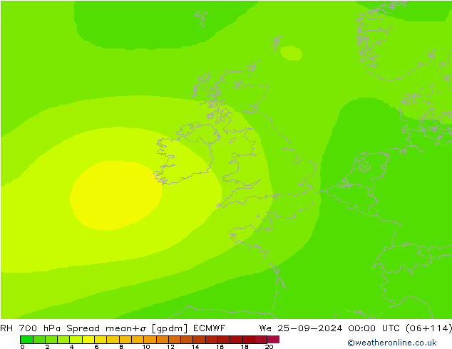 RH 700 hPa Spread ECMWF We 25.09.2024 00 UTC