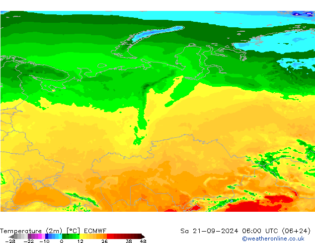 Temperature (2m) ECMWF Sa 21.09.2024 06 UTC