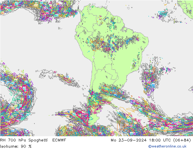 RH 700 hPa Spaghetti ECMWF Mo 23.09.2024 18 UTC