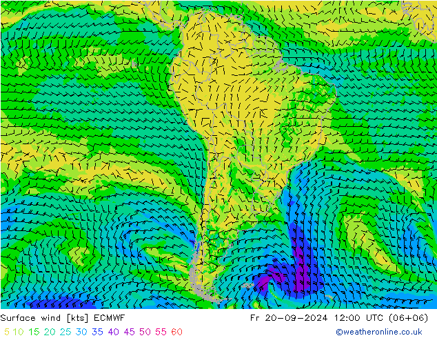 wiatr 10 m ECMWF pt. 20.09.2024 12 UTC