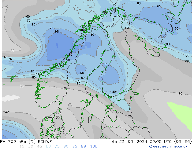 Humidité rel. 700 hPa ECMWF lun 23.09.2024 00 UTC