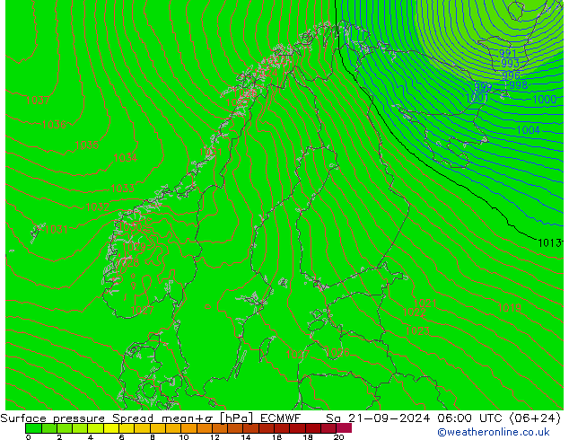 Pressione al suolo Spread ECMWF sab 21.09.2024 06 UTC