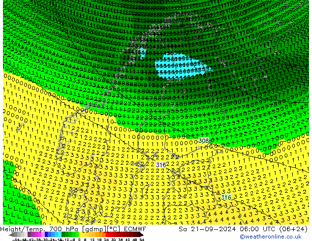 Géop./Temp. 700 hPa ECMWF sam 21.09.2024 06 UTC