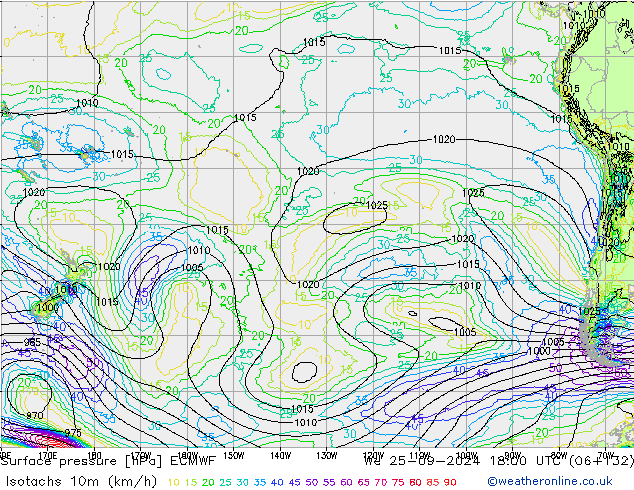 Isotachs (kph) ECMWF mer 25.09.2024 18 UTC