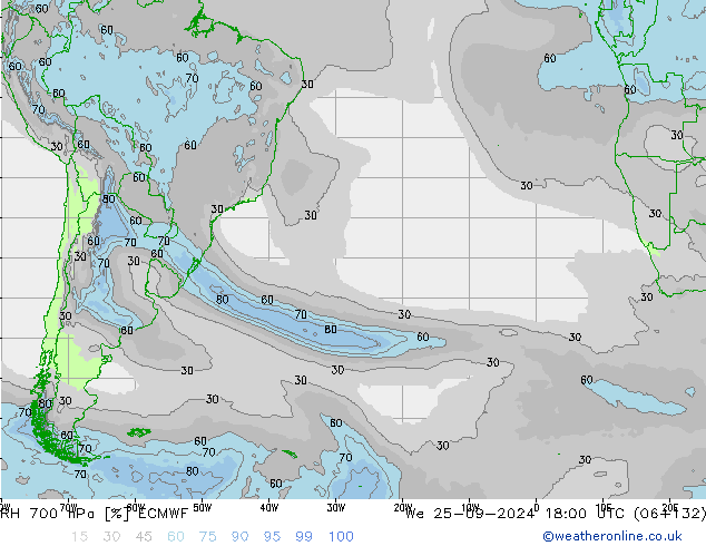 RH 700 hPa ECMWF We 25.09.2024 18 UTC