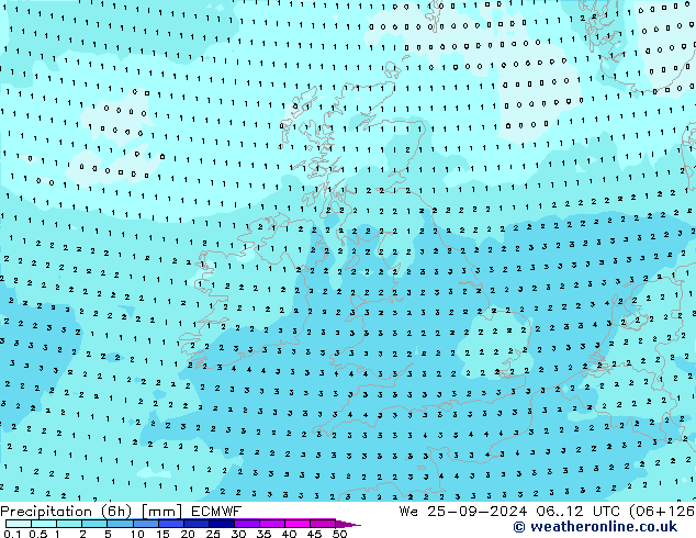Precipitação (6h) ECMWF Qua 25.09.2024 12 UTC