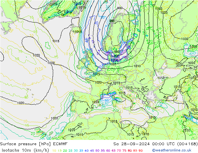 Isotachen (km/h) ECMWF Sa 28.09.2024 00 UTC