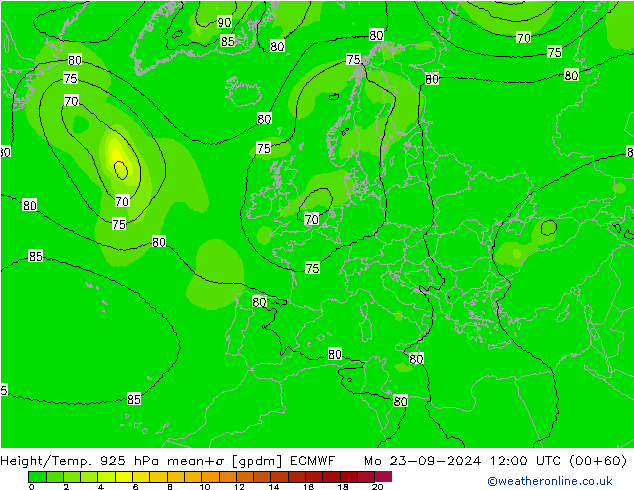 Height/Temp. 925 hPa ECMWF Mo 23.09.2024 12 UTC