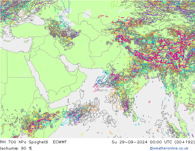 RH 700 hPa Spaghetti ECMWF Su 29.09.2024 00 UTC