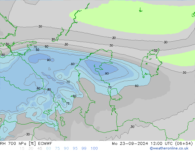 RH 700 hPa ECMWF Mo 23.09.2024 12 UTC