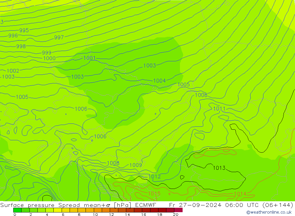 Surface pressure Spread ECMWF Fr 27.09.2024 06 UTC