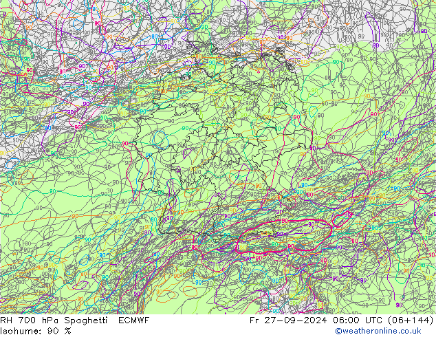 RH 700 hPa Spaghetti ECMWF Pá 27.09.2024 06 UTC