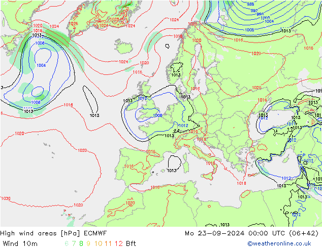 High wind areas ECMWF 星期一 23.09.2024 00 UTC