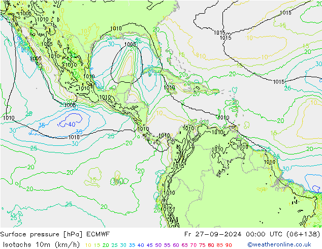 Isotachen (km/h) ECMWF Fr 27.09.2024 00 UTC