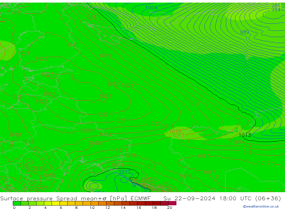 Surface pressure Spread ECMWF Su 22.09.2024 18 UTC