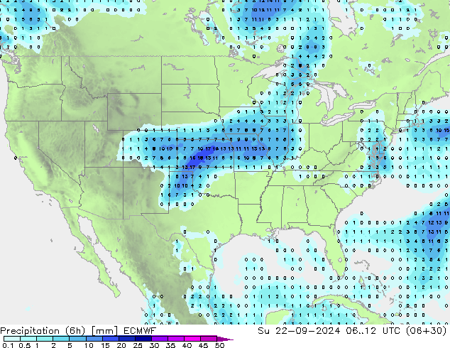 Precipitation (6h) ECMWF Su 22.09.2024 12 UTC