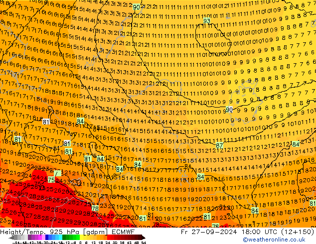 Height/Temp. 925 hPa ECMWF Pá 27.09.2024 18 UTC