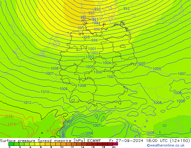 Luchtdruk op zeeniveau Spread ECMWF vr 27.09.2024 18 UTC