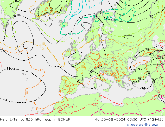 Height/Temp. 925 hPa ECMWF Mo 23.09.2024 06 UTC