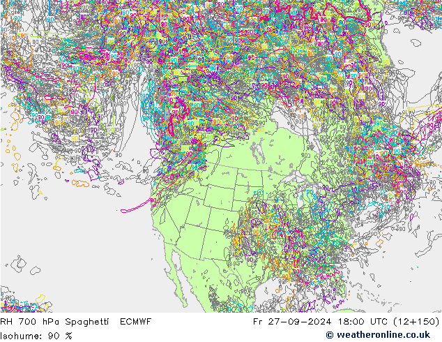 RH 700 hPa Spaghetti ECMWF Fr 27.09.2024 18 UTC