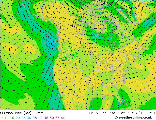 Rüzgar 10 m ECMWF Cu 27.09.2024 18 UTC