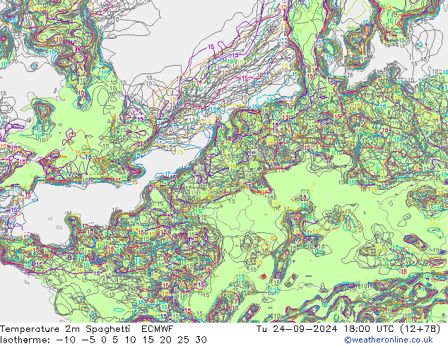 Temperature 2m Spaghetti ECMWF Út 24.09.2024 18 UTC