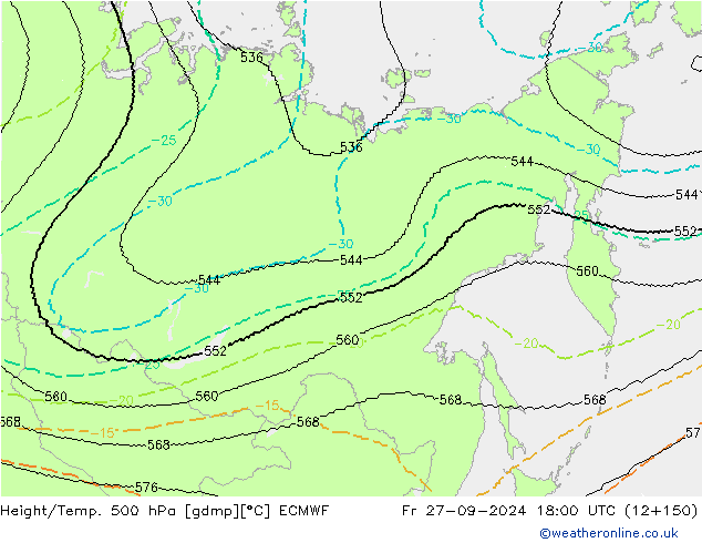 Height/Temp. 500 гПа ECMWF пт 27.09.2024 18 UTC