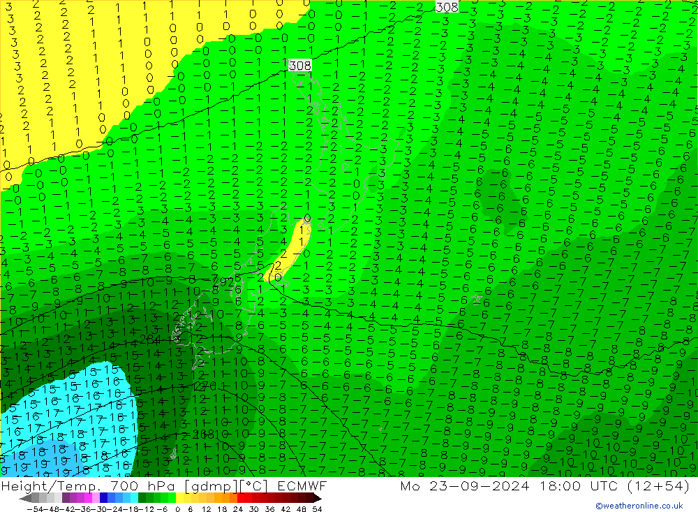 Height/Temp. 700 hPa ECMWF Mo 23.09.2024 18 UTC