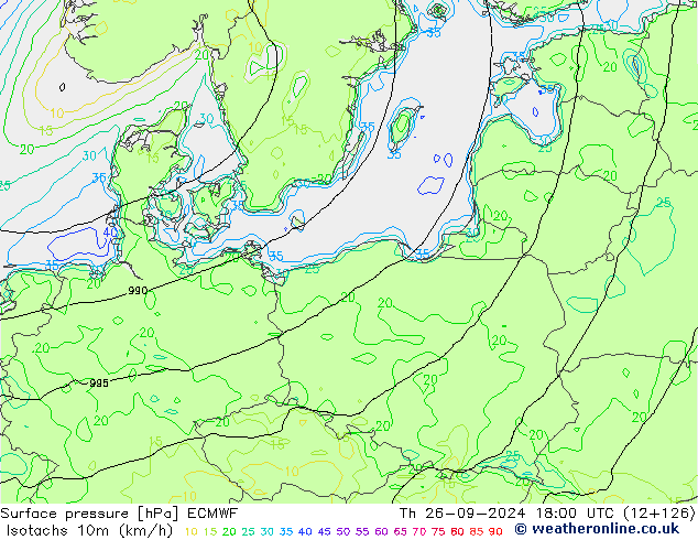 Isotachs (kph) ECMWF Th 26.09.2024 18 UTC