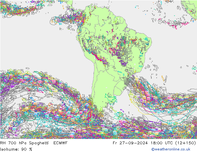 RH 700 hPa Spaghetti ECMWF Fr 27.09.2024 18 UTC