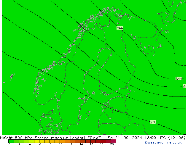 Height 500 hPa Spread ECMWF 星期六 21.09.2024 18 UTC