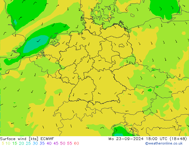 Surface wind ECMWF Mo 23.09.2024 18 UTC