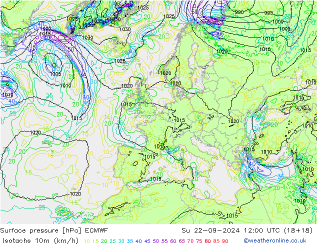 Eşrüzgar Hızları (km/sa) ECMWF Paz 22.09.2024 12 UTC