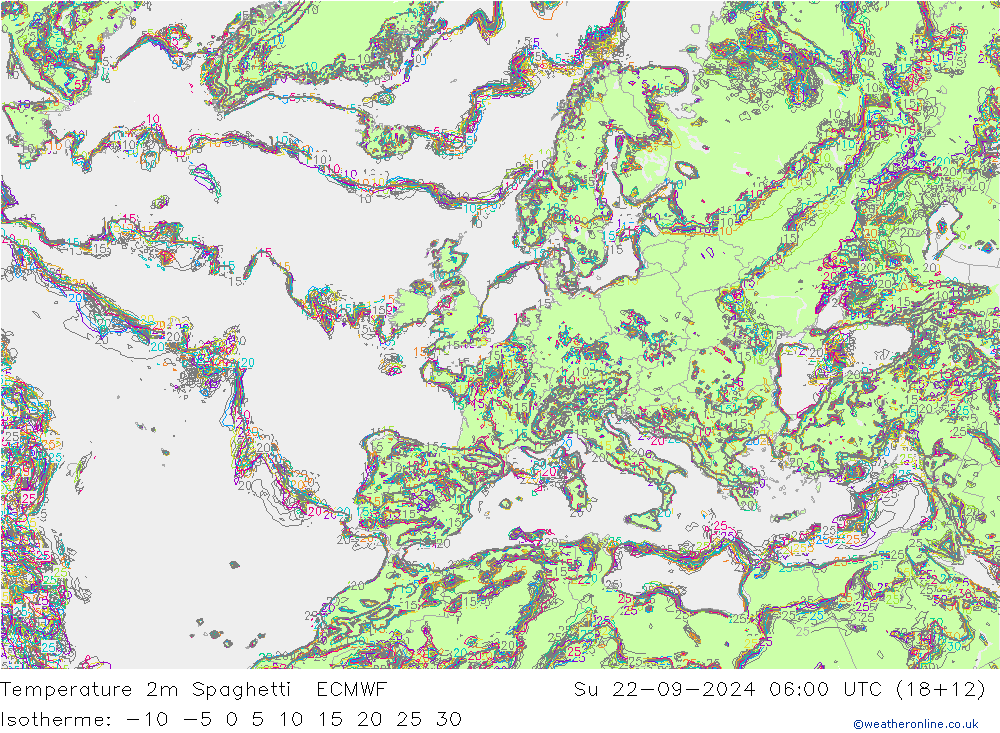 温度图 Spaghetti ECMWF 星期日 22.09.2024 06 UTC