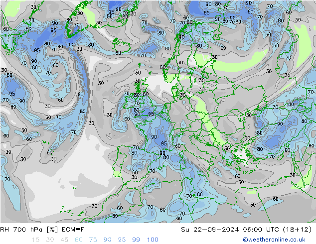 RH 700 hPa ECMWF 星期日 22.09.2024 06 UTC