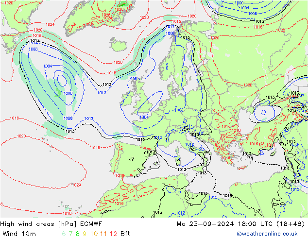 yüksek rüzgarlı alanlar ECMWF Pzt 23.09.2024 18 UTC