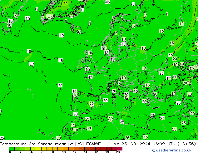 Temperature 2m Spread ECMWF Mo 23.09.2024 06 UTC