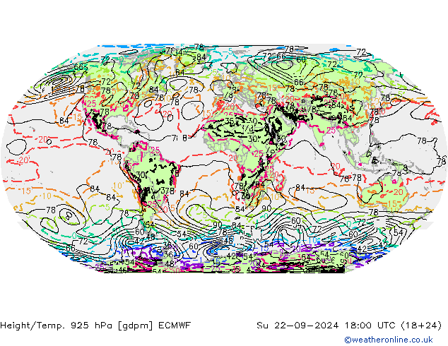 Height/Temp. 925 hPa ECMWF So 22.09.2024 18 UTC